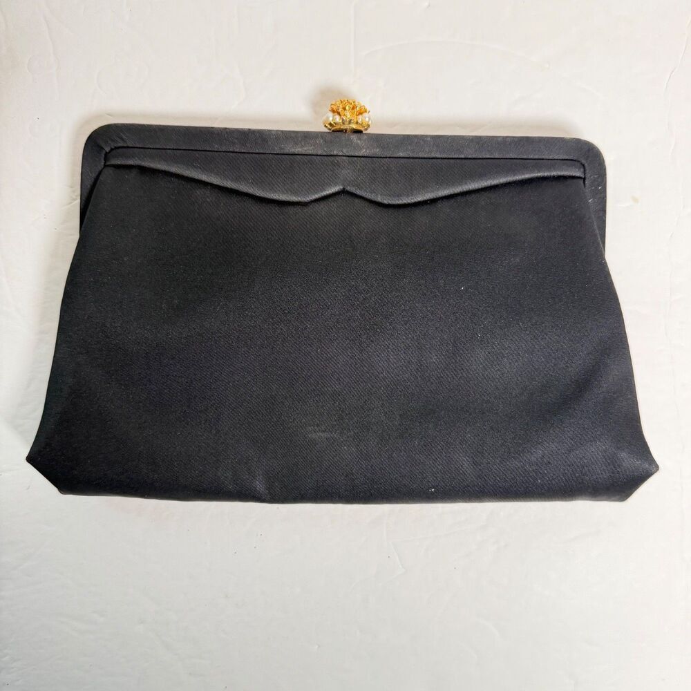 Vintage Morris Moskowitz MM Black Evening Clutch Kiss Lock Purse Mirror Coin Bag
